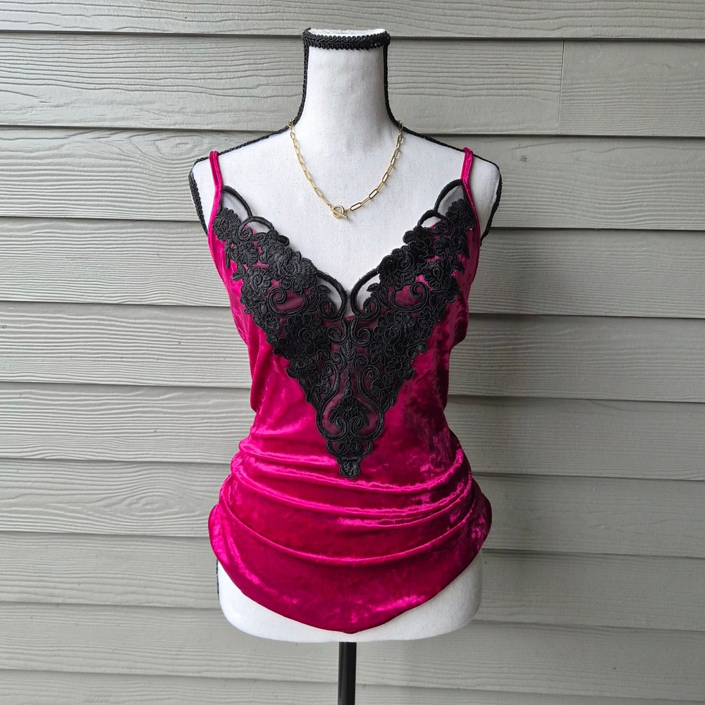 Vintage Y2K Lace Camisole Womens S Fuchsia Velvet Whimsigoth Vampy Fairy Grunge
